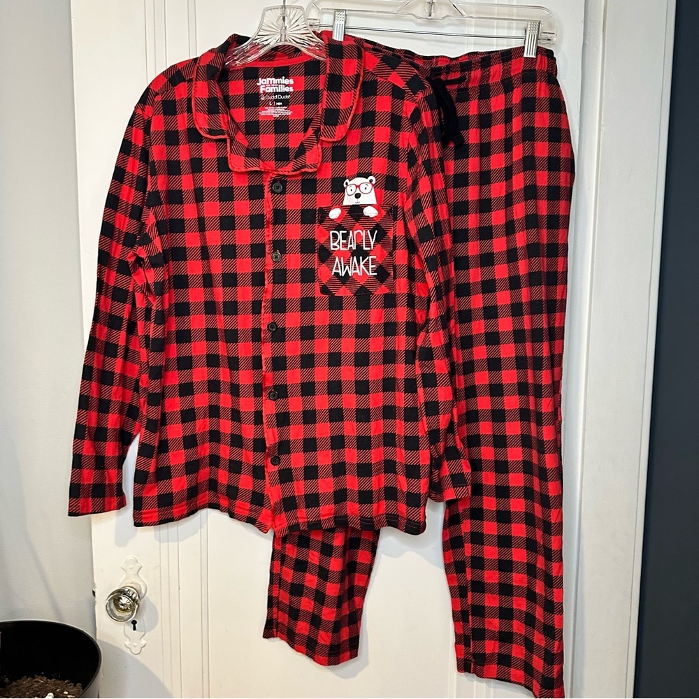 Cuddl Duds Red and Black Plaid Mens Pajama Set Bearly Awake